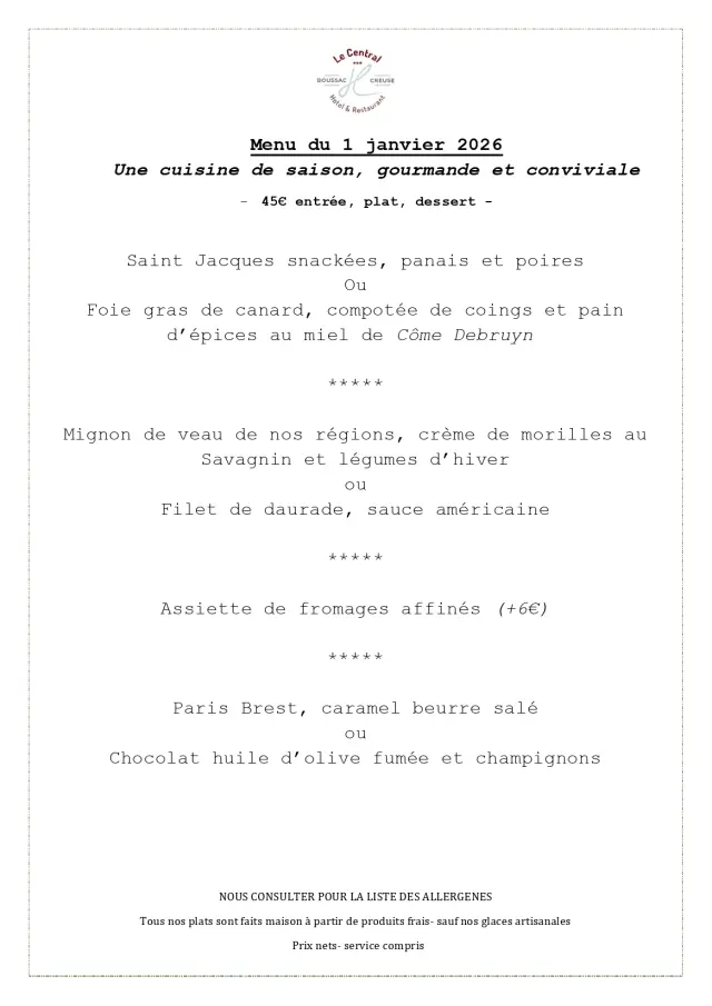 Le Central - Menu 1er Janvier 2026